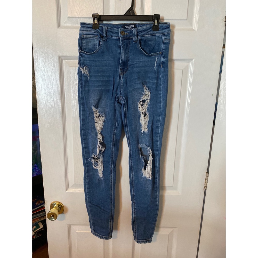 Wax Jean Los Angeles Distressed Skinny Jeans Medium Wash Blue HighRise Size 7/28